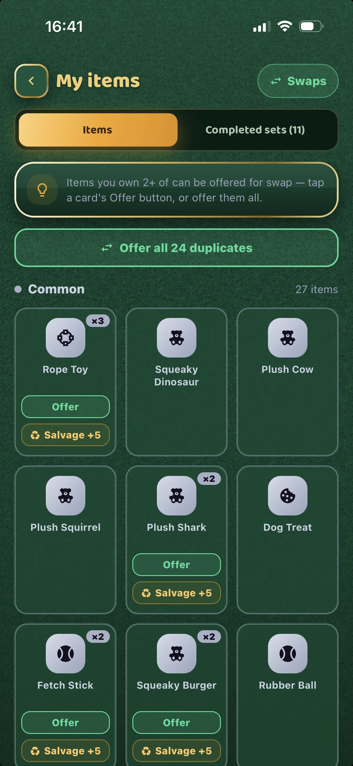Item collection grid of rare and legendary toys and relics
