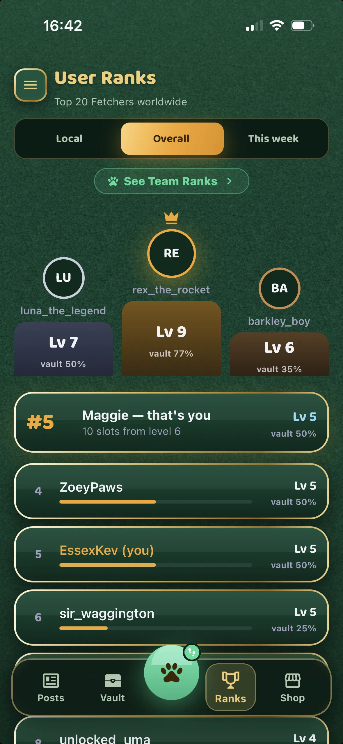 User Ranks leaderboard showing the top fetchers worldwide on a podium