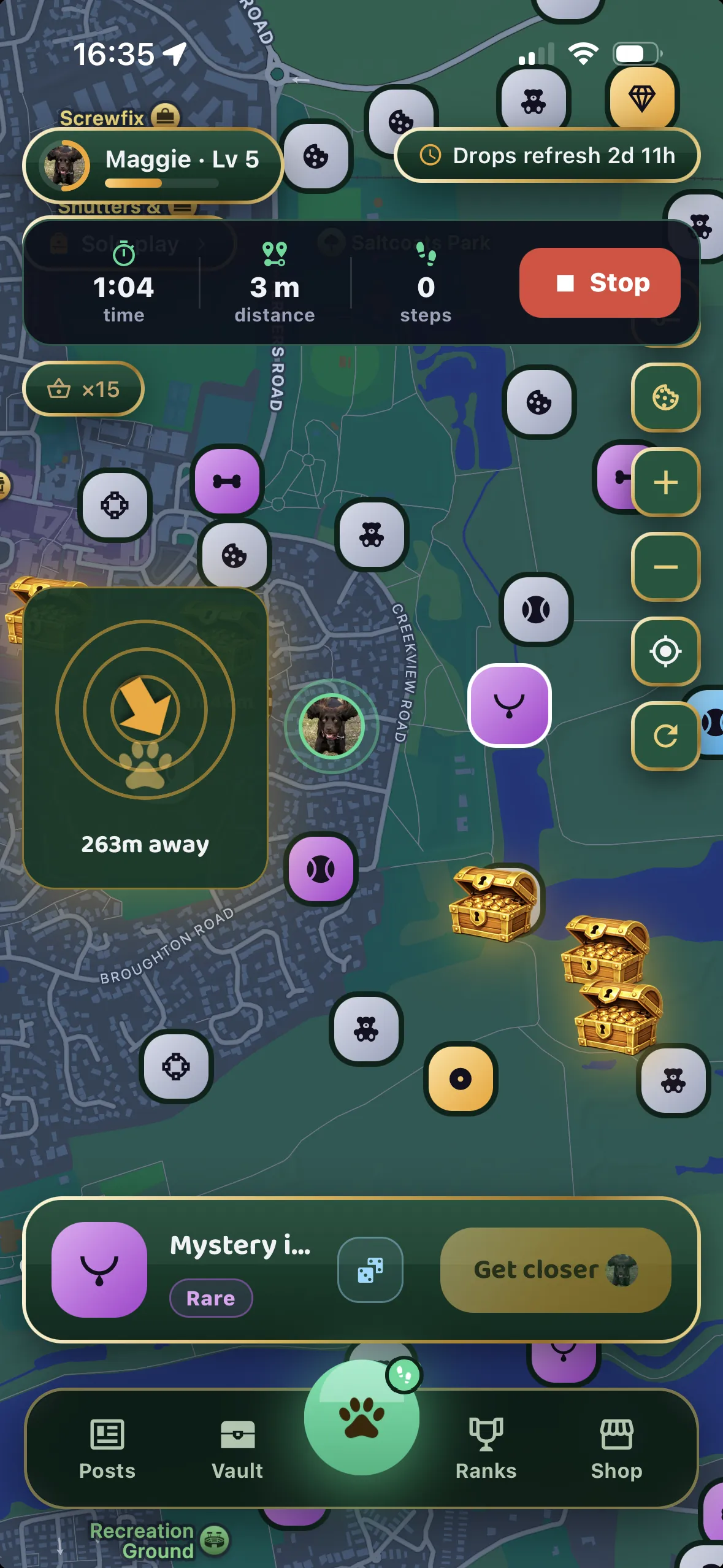 Fetch Quest AR map screen filled with augmented-reality collectibles to find on a dog walk