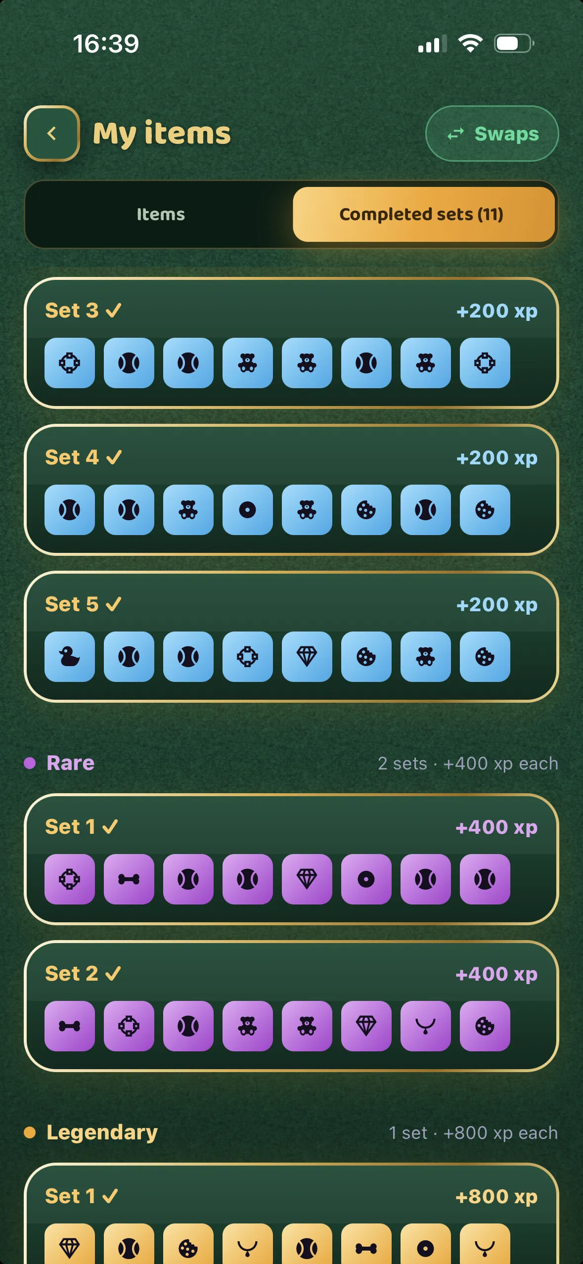 Completed item sets earning XP bonuses by rarity