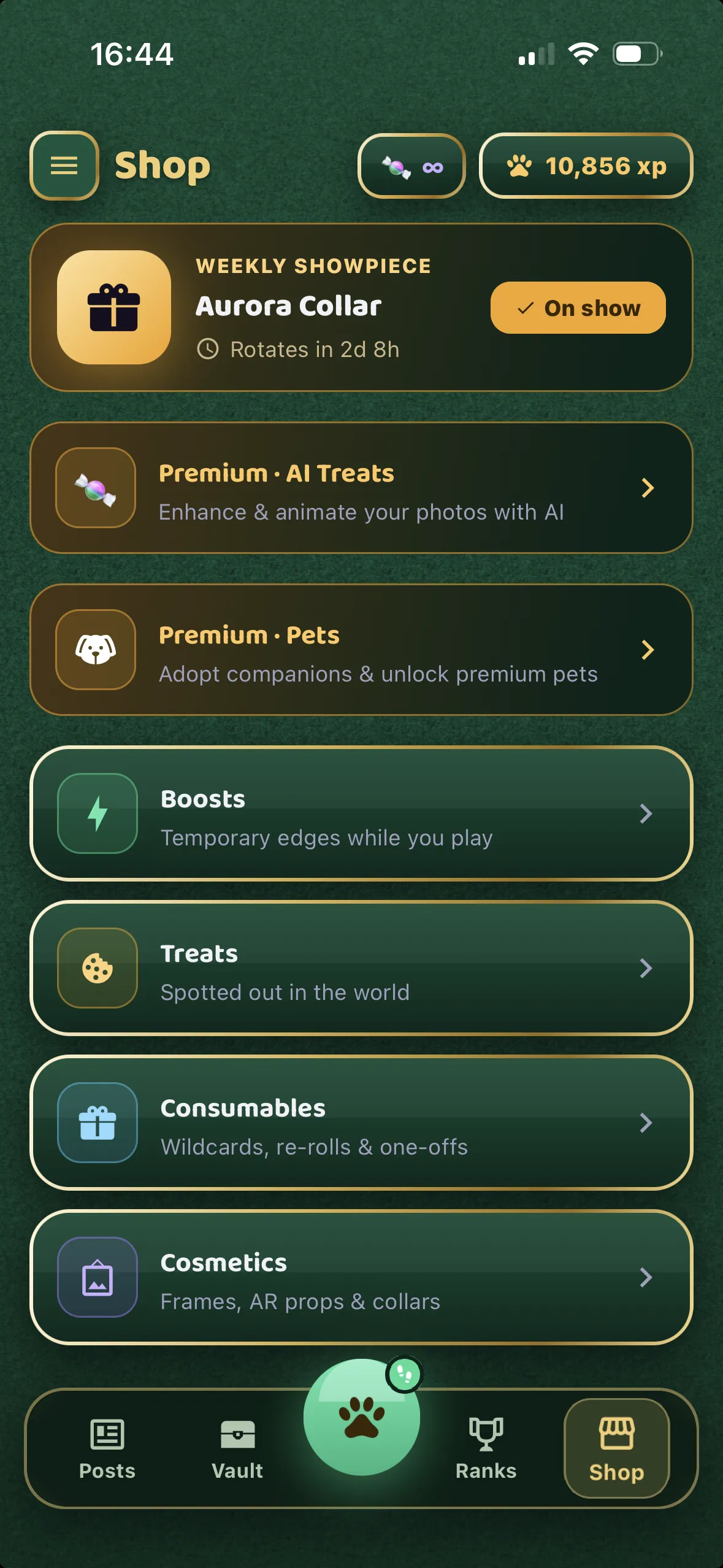 In-game Shop with a weekly showpiece, Premium AI Treats, boosts, treats and cosmetics