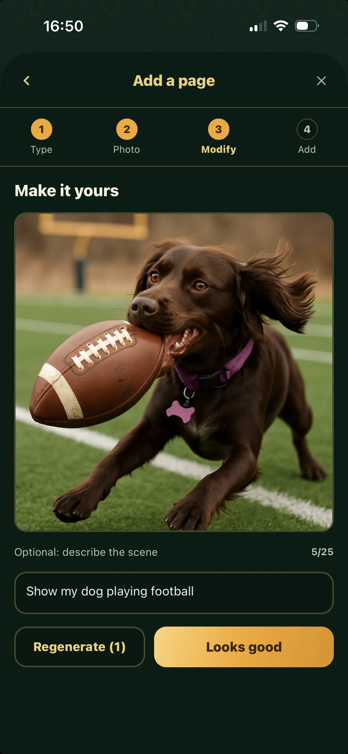 An old dog photo brought to life with AI as a moving clip inside a storybook page
