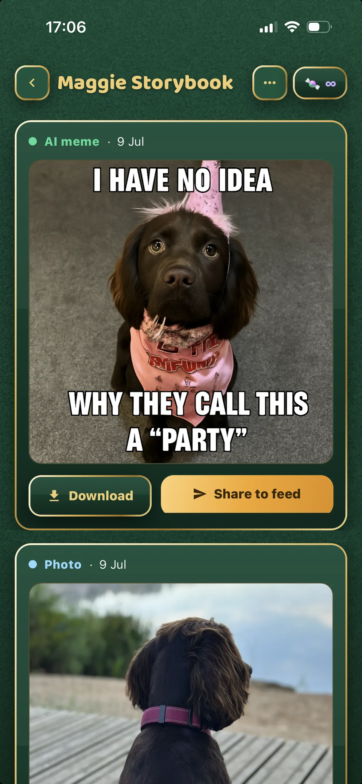 A storybook filled with pages — photos, AI images and clips of a dog's life, each with a caption