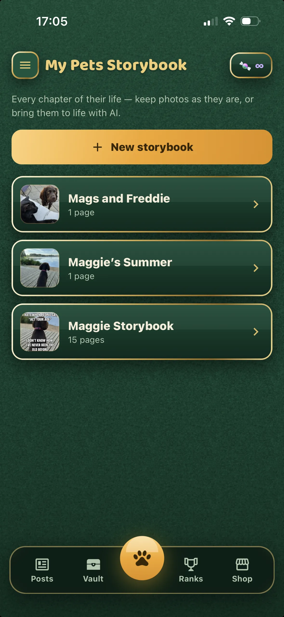 My Pets Storybook — a shelf of named storybooks, each a dog's album