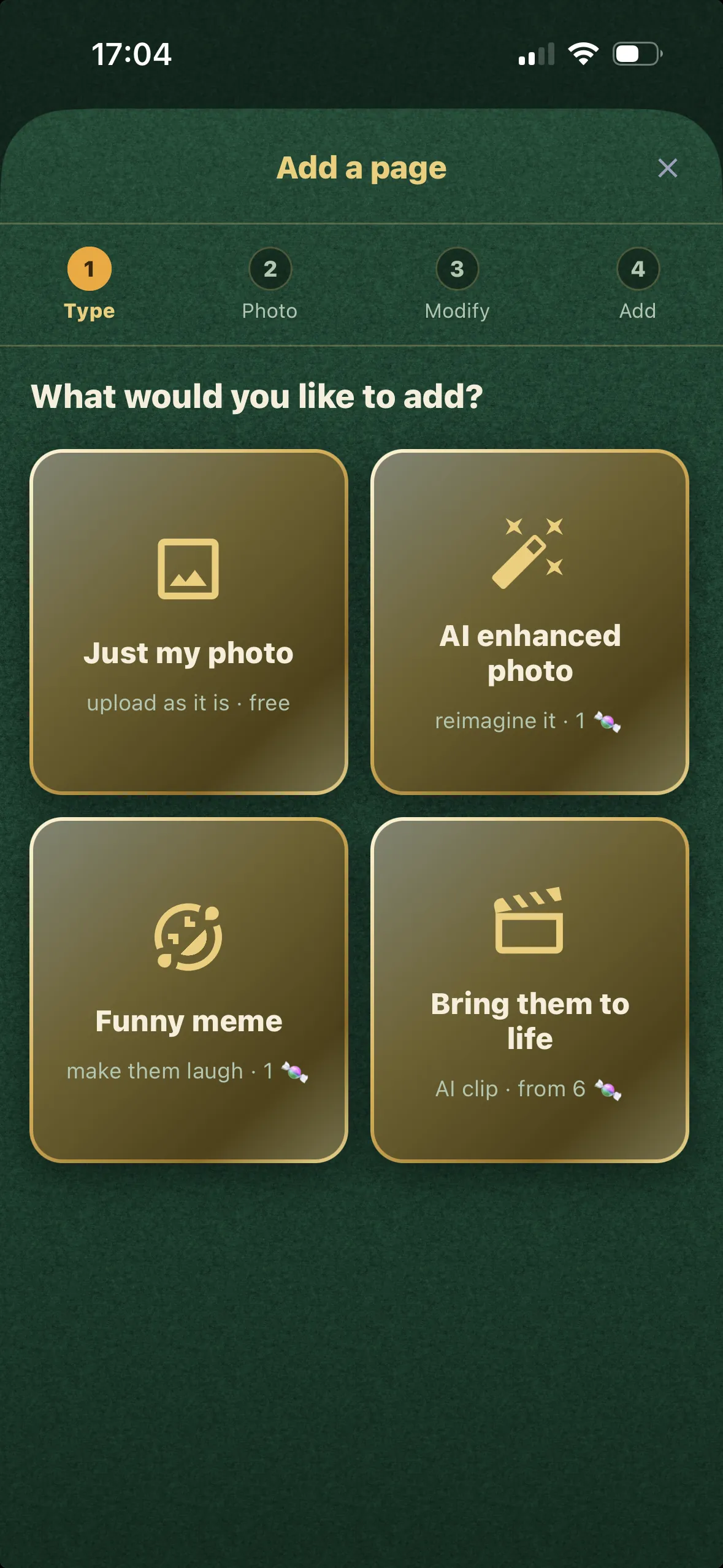 The guided Add-a-page wizard: choose a type, add a photo, make it yours, then add to your book