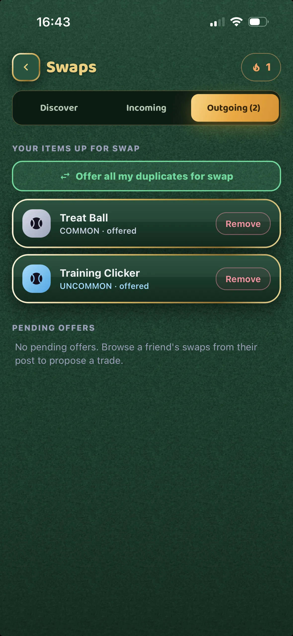 Swaps screen offering duplicate items up for trade with other players