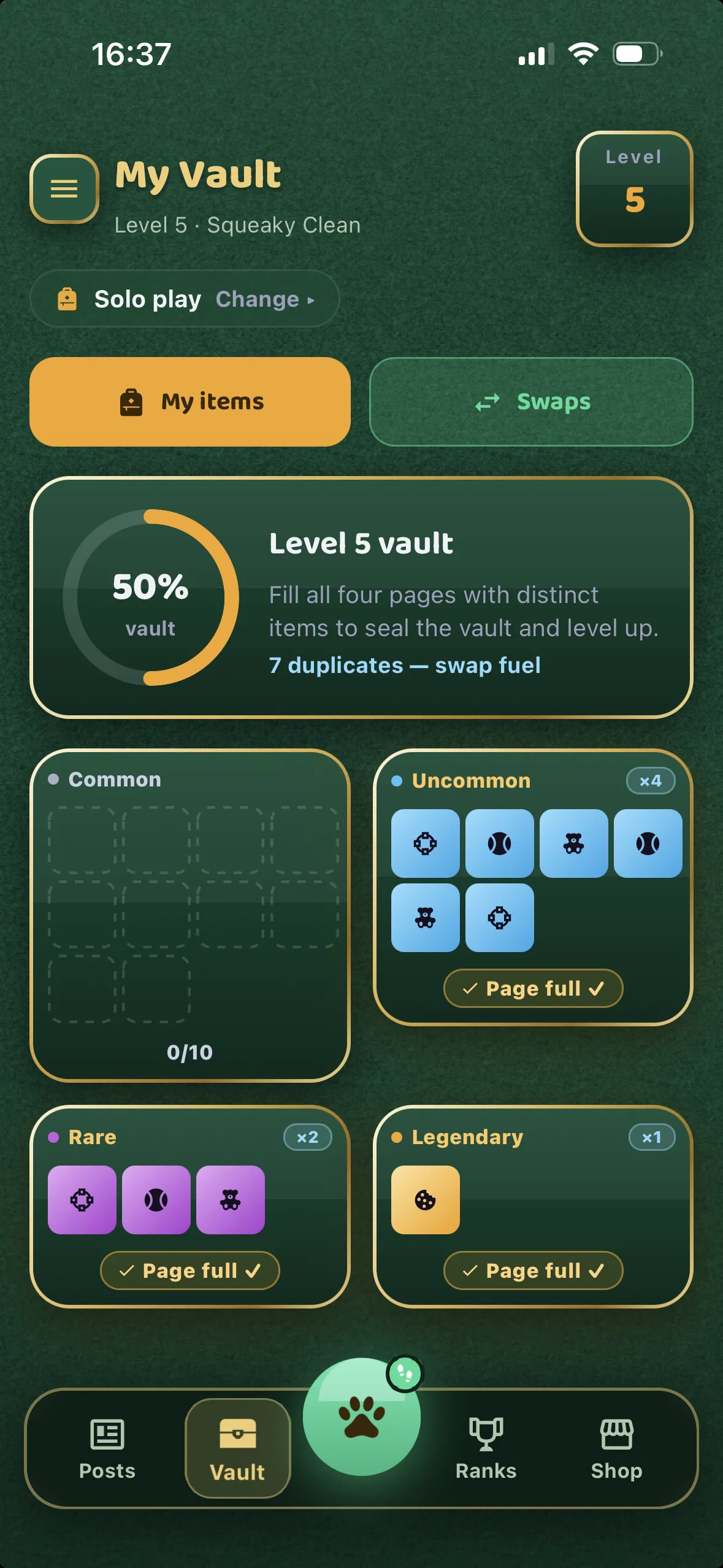 My Vault screen at 88% completion with Common, Uncommon, Rare and Legendary pages